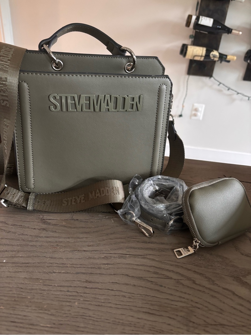 Steve Madden Olive Messenger Bag with Detachable Logo Strap